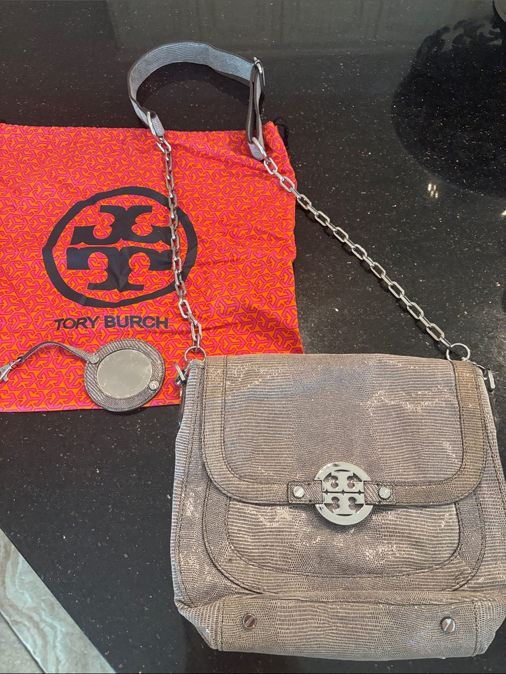 Tory Burch Silver-Gray Chain Strap Crossbody Bag